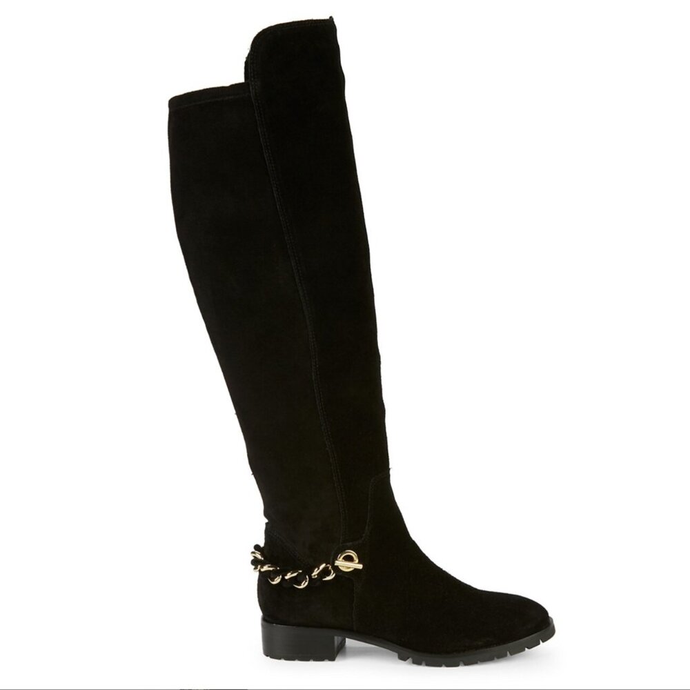 KARL LAGERFELD Black Tall Skylar Boots SAKS Suede Stretch Gold Chain OverTheKnee